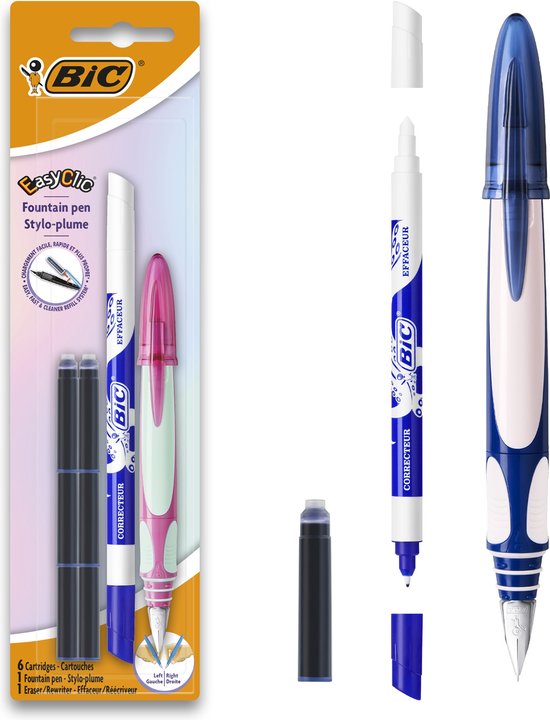 Stylo Plume BIC Easy Clic Ergonomique - Rose ou Blauw- Droitier ou Gaucher - 1 stylo plume avec raclette et 6 cartouches d'encre