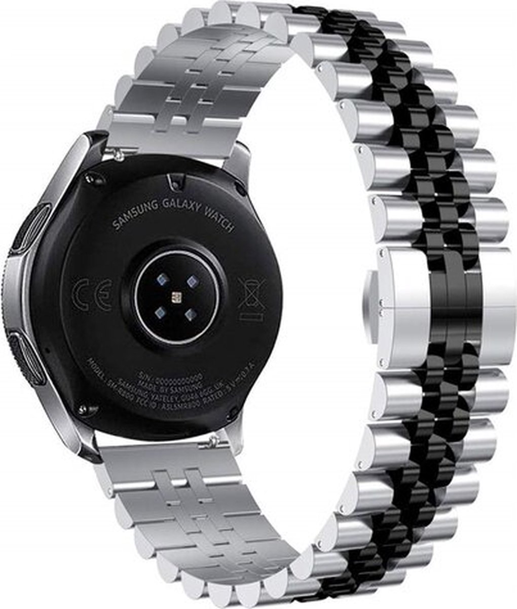 By Qubix - Stalen band 20mm - Zilver / zwart - Geschikt voor Samsung Galaxy Watch 7 (40 & 44mm) - Galaxy Watch FE - Galaxy Watch 6 - Galaxy Watch 6 Pro - Galaxy Watch 5 - 5 Pro - Galaxy Watch 4 - 4 Classic - Active 2 - Watch 3 (41mm)