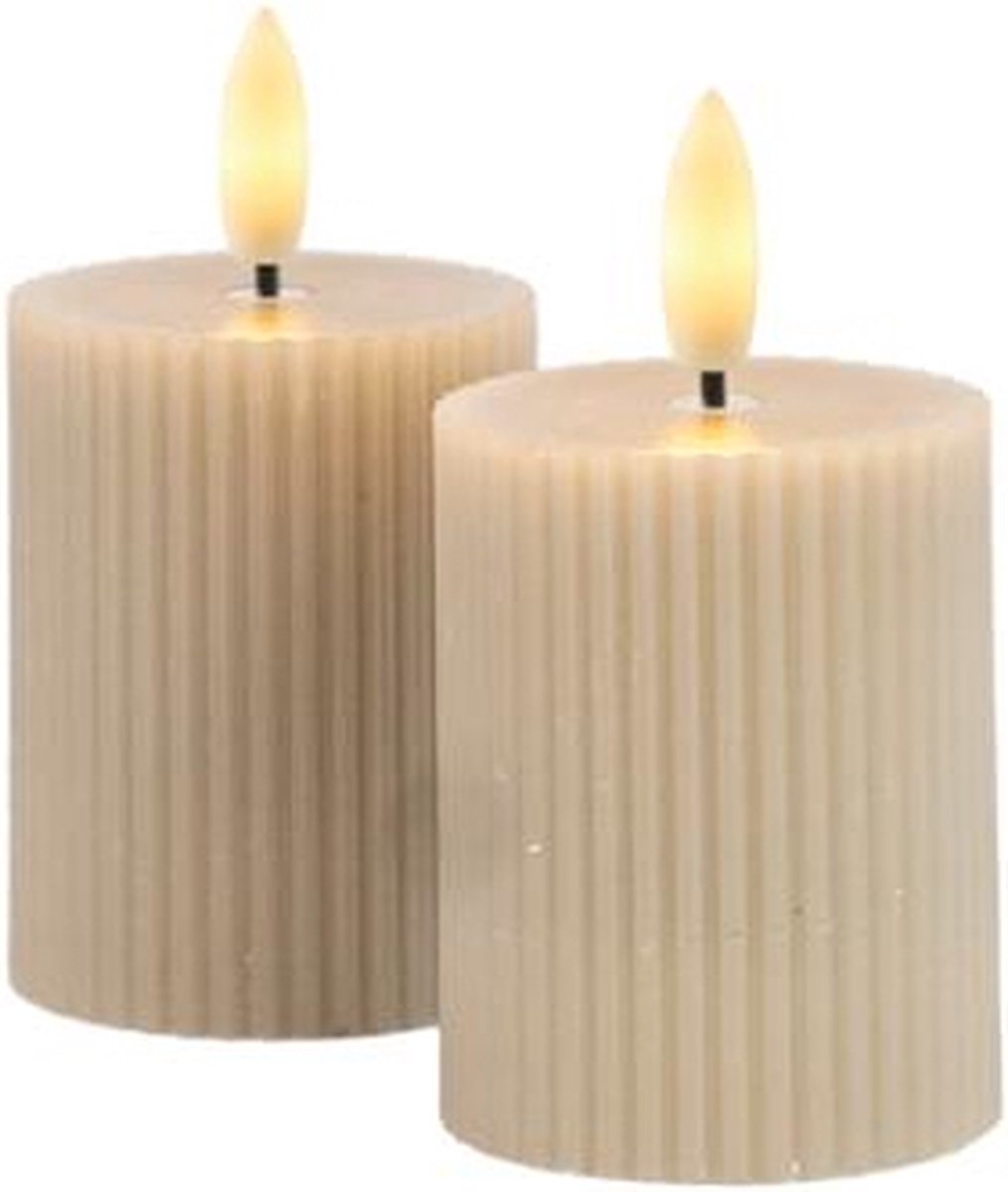 Sirius Smilla - rechargeable - set van 2 oplaadbare warm grijze pilaar kaarsen met ribbel structuur - ø 5 cm - H 6,5 cm