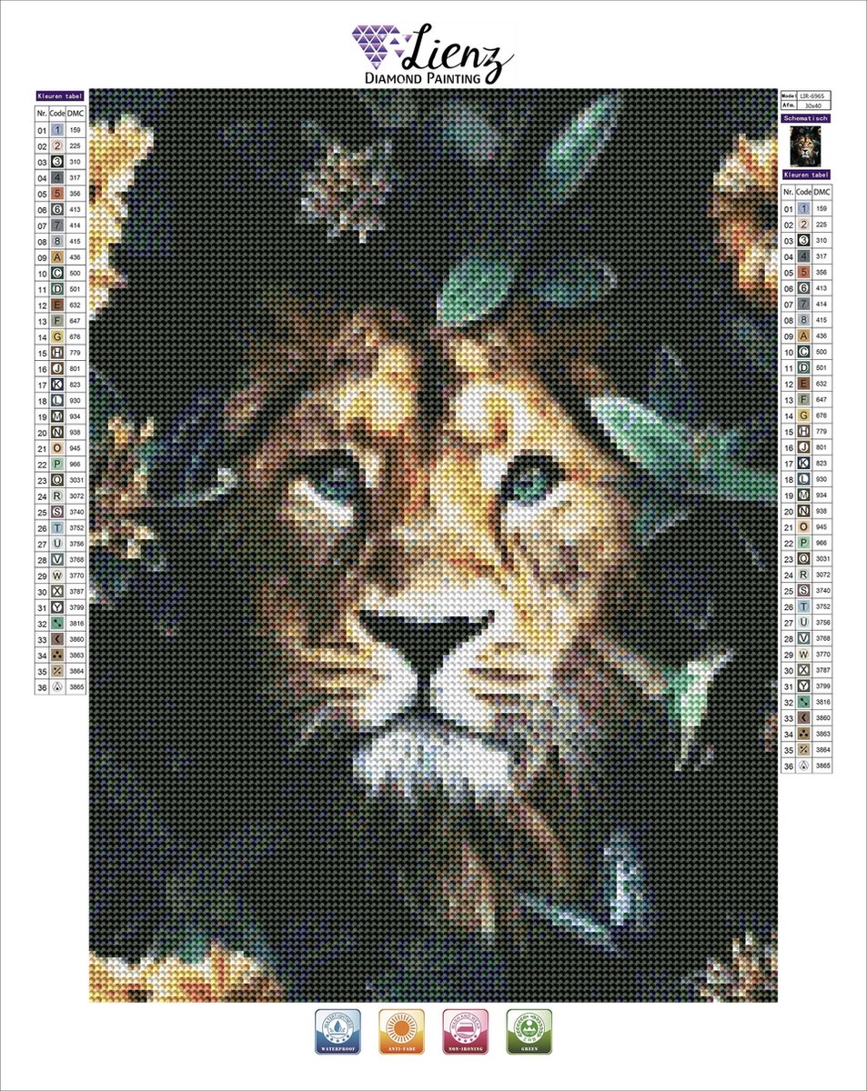 Lienz® Diamond Painting volwassenen 30x40cm – Rond – Leeuw – Bloemen – Vlinders – Pakket Volwassenen — afbeelding 2