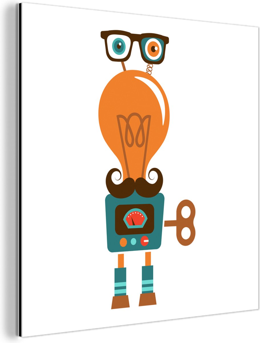 Aluminium schilderij 20x20 cm - Wanddecoratie metaal - Robot - Bril - Gloeilamp - Snor - K