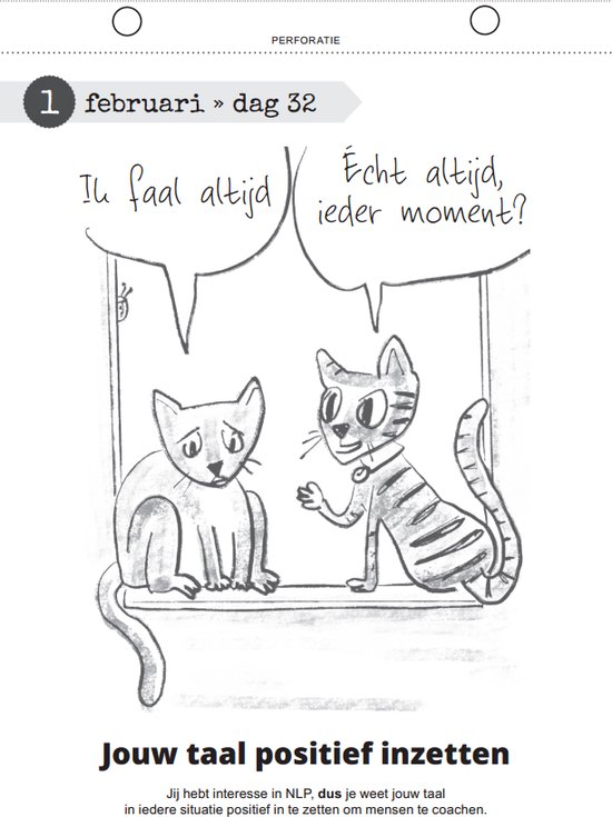 Twee katten in een vensterbank, één vraagt 'Ik faal altijd?', de ander 'Echt altijd, ieder moment?'.