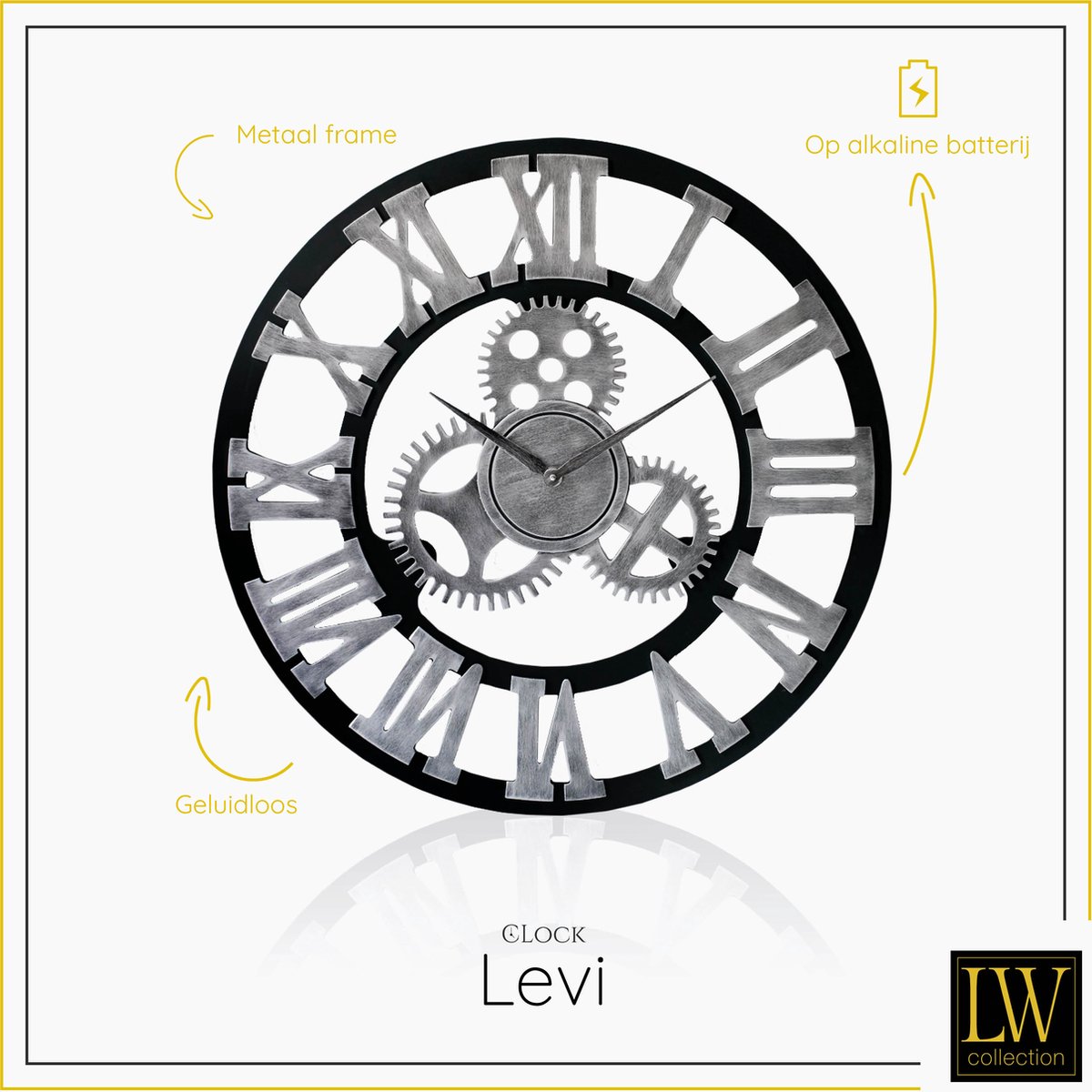 LW Collection Wandklok grijs zwart 40cm - Kleine houten klok met tandwielen romeinse cijfers - Industriële wandklok stil uurwerk — cadeau in Wonen & Interieur - foto 4