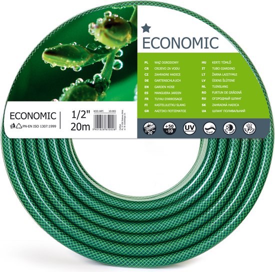Groene ECONOMIC tuinslang, 1/2 inch, 20m, met een ruitpatroon.