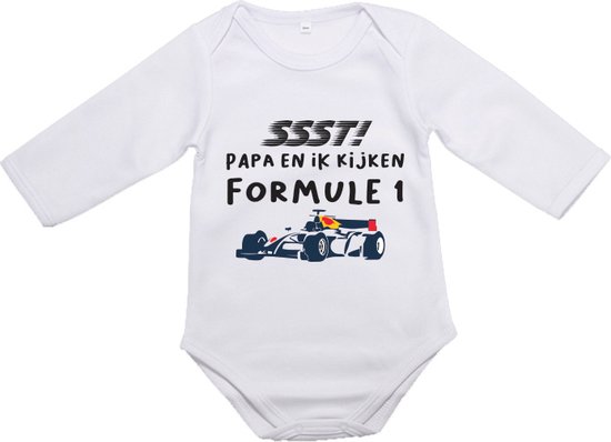 Hospitrix Baby Rompertje met Tekst "SSST! Papa en ik kijken Formule 1" R7 - Maat XL - 86 - go max - Lange Mouw - Cadeau - Zwangerschap - Aankondiging - Verstappen - Romper