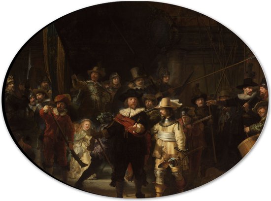 Dibond Ovaal - De Nachtwacht, Rembrandt van Rijn, 1642 - Oude Meesters - 28x21 cm Foto op Ovaal (Met Ophangsysteem)
