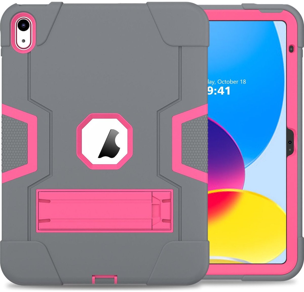 Mobigear Tablethoes geschikt voor Apple iPad 10 (2022) Hardcase Backcover | Mobigear ShieldStand | Schokbestendig iPad 10 (2022) Telefoonhoesje | Anti Shock Proof + Standaard - Roze / Grijs