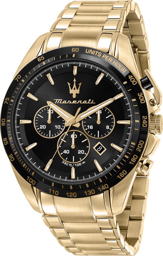 Montre Maserati dorée avec cadran noir et bracelet doré.
