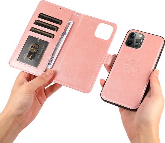 Perfeqt geschikt voor iPhone 14 Pro Max Uitneembare leer BookCase Hoesje - Rose Gold