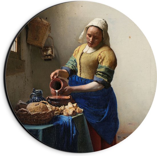 Dibond Muurcirkel - Het melkmeisje, Johannes Vermeer, ca. 1660 - 20x20 cm Foto op Aluminium Muurcirkel (met ophangsysteem)