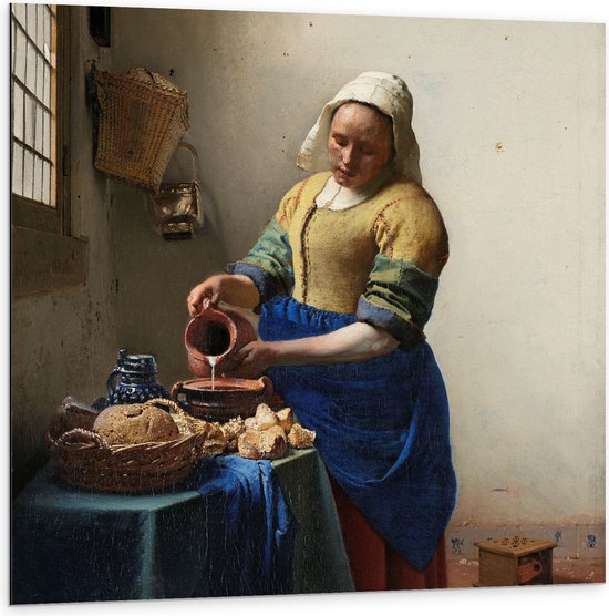 Dibond - Het melkmeisje, Johannes Vermeer, ca. 1660 - 100x100 cm Foto op Aluminium (Met Ophangsysteem)