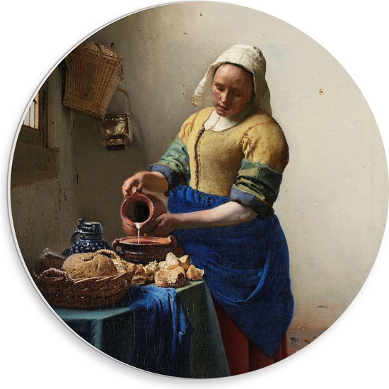 PVC Schuimplaat Muurcirkel - Het melkmeisje, Johannes Vermeer, ca. 1660 - 30x30 cm Foto op Muurcirkel (met ophangsysteem)