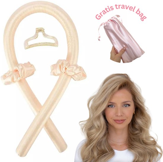 Heatless Curls- Krulspelden- Hitte Vrije Krullen- Zijde- 5 Delig- Gratis Travel Bag- Met Haarelastiek- Geen Hitte- Champagne Kleur