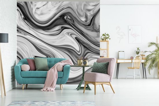 Behang - Fotobehang Marmer - Patronen - Grijs - Marmerlook - Zwart - Breedte 280 cm x hoogte 280 cm