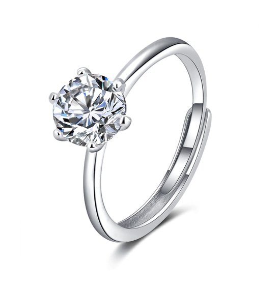 Ring dames | Valentijn | verlovingsring | zilveren ring dames | ronde Zirkonia steen | zilver 925 plated | one size ring | verstelbare ring | cadeau voor vrouw | liefdescadeau