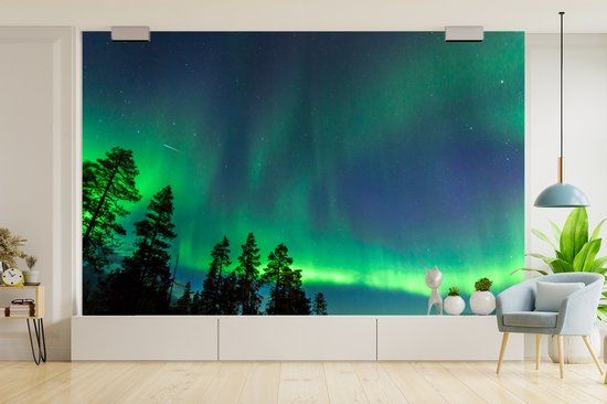 Behang - Fotobehang Het noorderlicht tijdens een nacht in het Finse Lapland - Breedte 405 cm x hoogte 260 cm