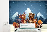 Behang babykamer - Fotobehang Illustratie - Sneeuw - Wilde dieren - Meiden - Jongens - Baby - Breedte 300 cm x hoogte 240 cm - Kinderbehang
