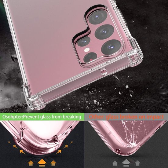 Détail d'une coque transparente pour Samsung S23 Ultra protégeant contre la casse lors d'un impact.