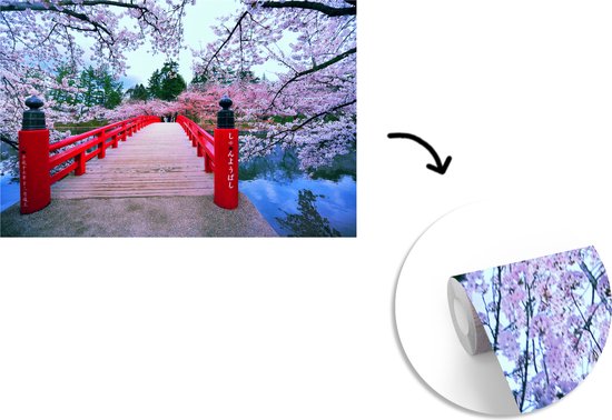 Papier peint - Papiers Papier peint photo - Cerisiers en fleurs sur un pont rouge au Japon - Largeur 420 cm x Hauteur 280 cm