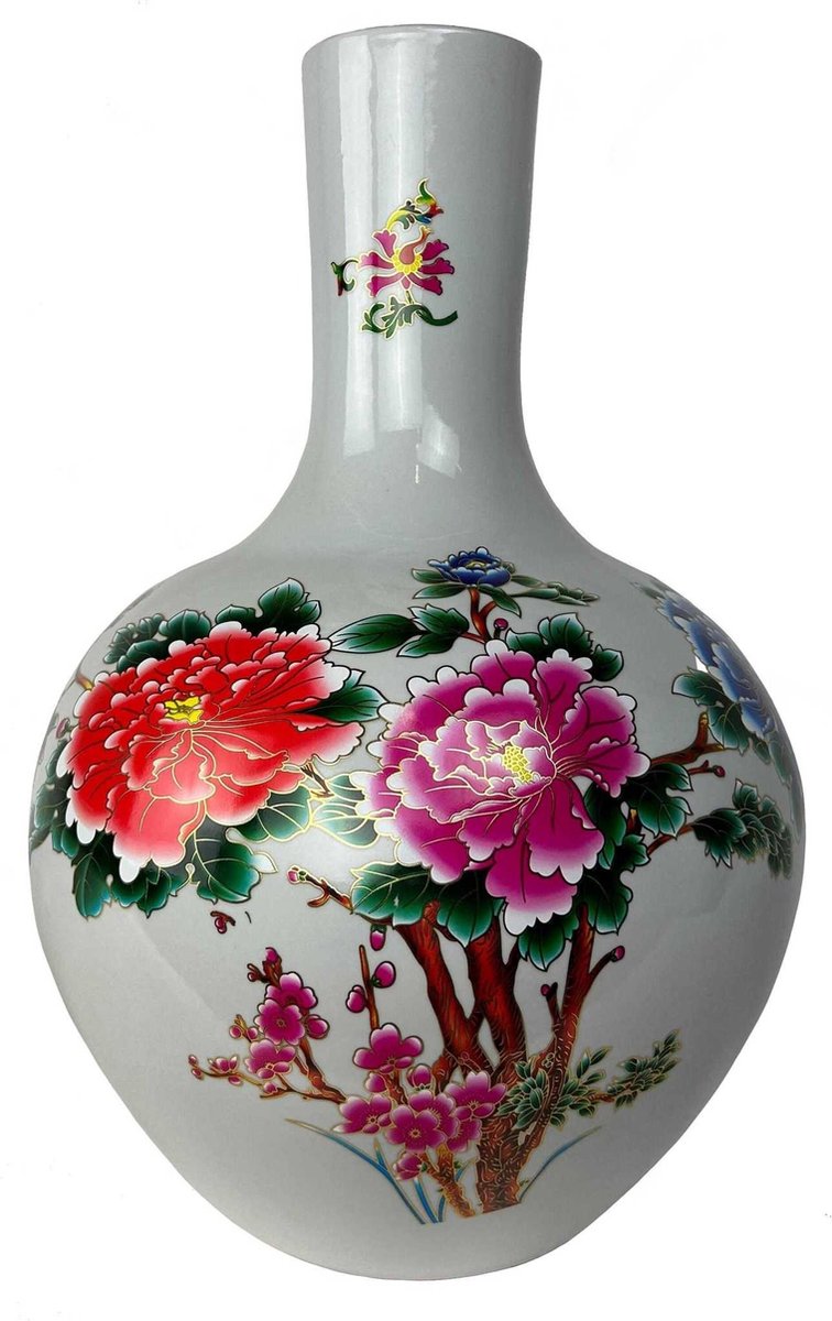 Fine Asianliving Chinese Vaas Wit Bloemen Pioenen Handgemaakt D41xH57cm multi