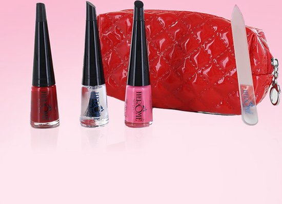 Foto: Herome nagellak love your nails set cadeau voor vrouw 2 nagellak kleuren protecting top coat glass nail file reis mini