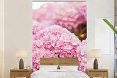 Behang - Fotobehang Struik - Bloemen - Roze - Hortensia - Breedte 195 cm x hoogte 300 cm