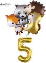 Snoes Ballonnen - Gouden Cijferballon 5 Jaar Set Bosdieren – Dieren Feestpakket - Kinderverjaardag