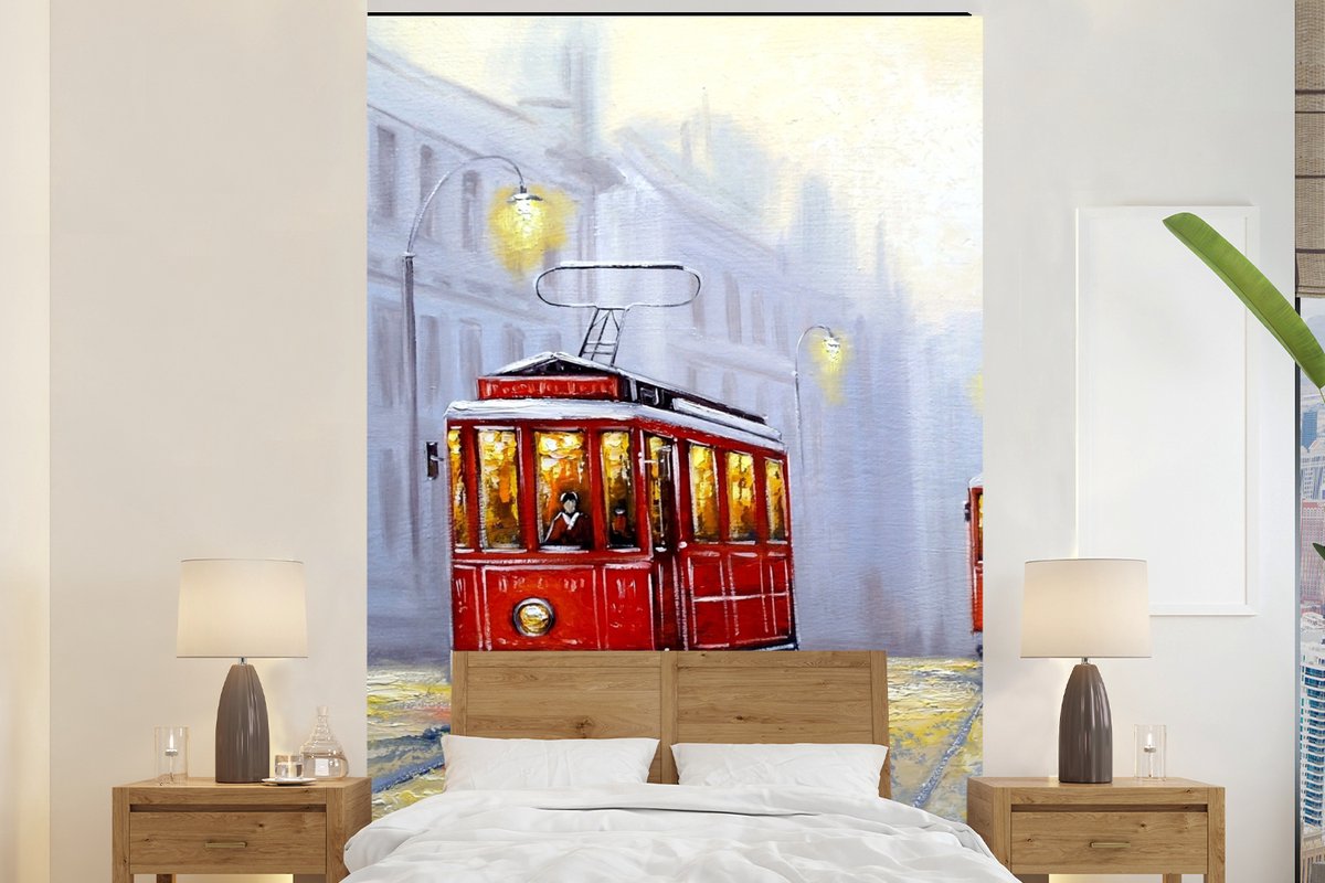 Behang - Fotobehang Schilderij - Tram - Stad - Olieverf - Breedte 200 cm x hoogte 300 cm