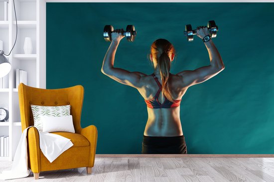 Papier peint Papier peint photo en vinyle - Une femme tient deux poids pendant le fitness largeur 390 cm x hauteur 260 cm - Tirage photo sur papier peint (disponible en 7 tailles)