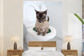 Behang - Fotobehang Een Burmees kat zit op het toilet - Breedte 225 cm x hoogte 350 cm