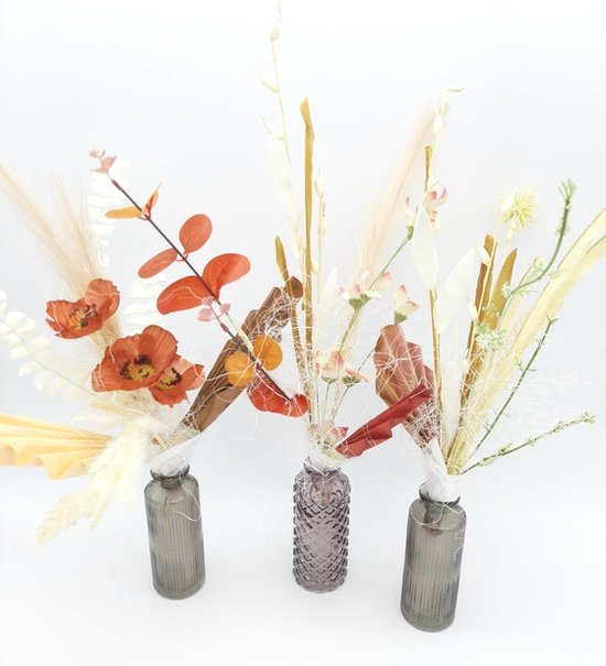 Zijden bloemen in glazen vaasjes-Set van 3-Nepbloemen-Kunstbloemen bloemstuk-Cadeau vrouw, moeder, collega, vriendin