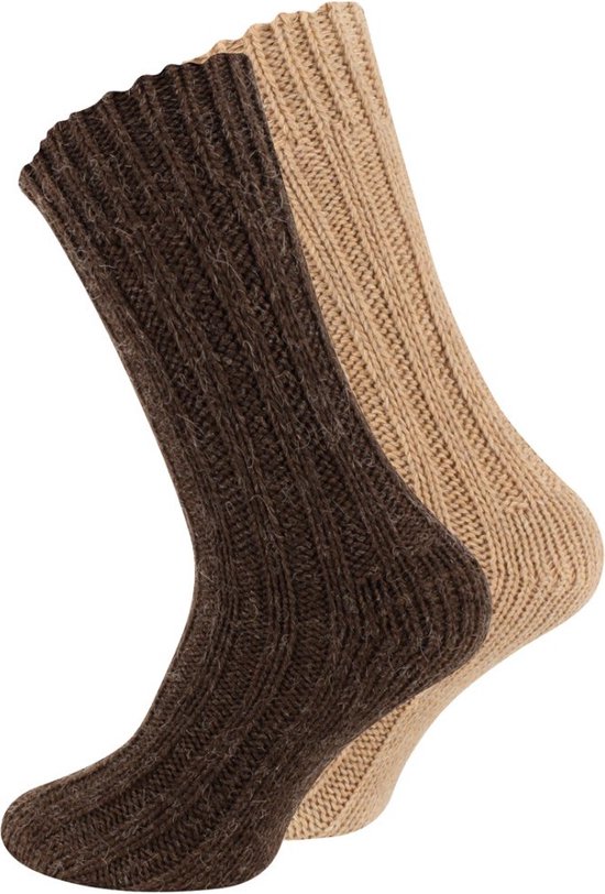 Without Lemon - Set van 2 Paar- Alpaca Wol - Noorse Gebreide Sokken - Warm - Winter - Bruin & Beige - Unisex - Maat: 43/46