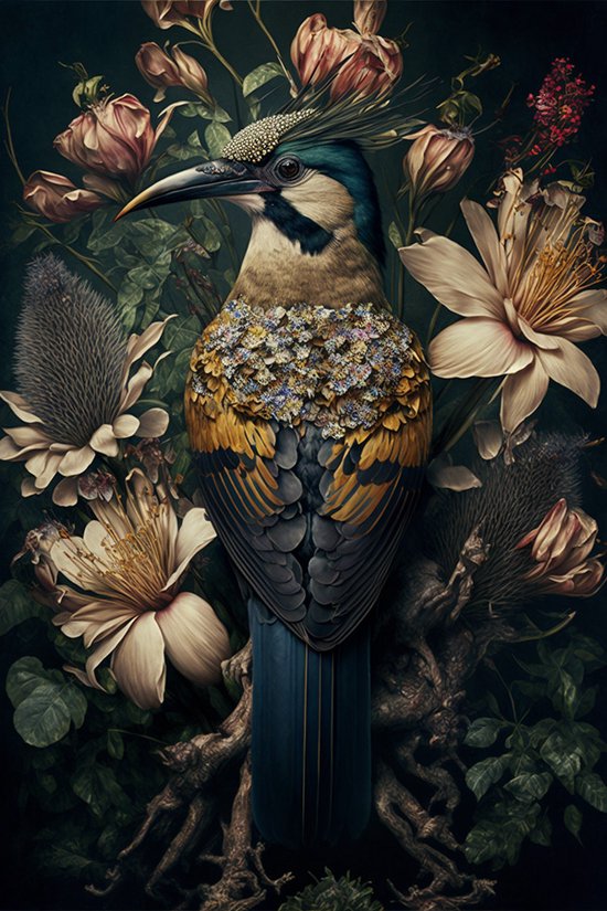 Kleurrijke vogel met bloemen poster