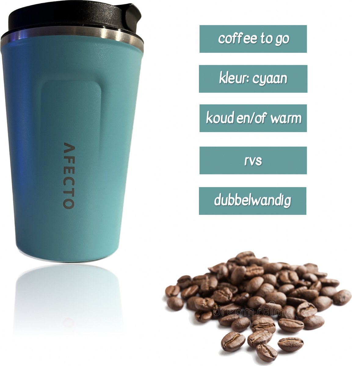 koffie to go beker | coffee to go | isolerende beker cyaan | herbruikbaar | inhoud 380 ml