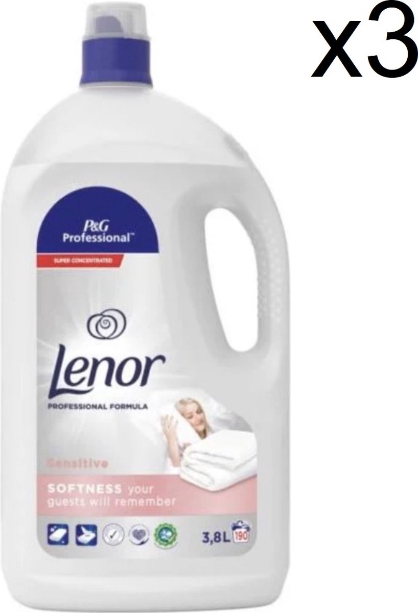 Goedkoopste Lenor - Wasverzachter - Sensitive - 190 Wasbeurten - 3,8l x 3 - JAARVOLUME