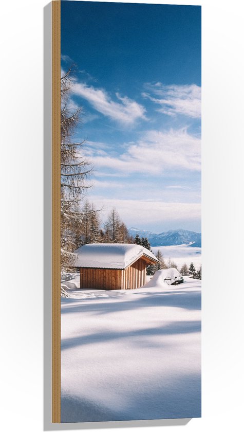 WallClassics - Hout - Huisje op een Besneeuwde Berg - 30x90 cm - 9 mm dik - Foto op Hout (Met Ophangsysteem)