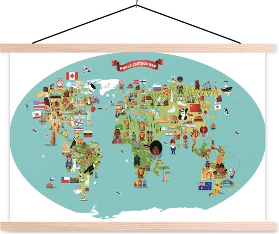 Posterhanger incl. Poster - Schoolplaat - Een cartoonillustratie van een kaart van de wereld met figuren - 150x100 cm - Blanke latten