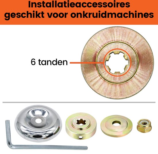 Installatieonderdelen voor onkruidmachines: inbussleutel, zilveren schijf, tandwiel met 6 tanden, ring en moer.