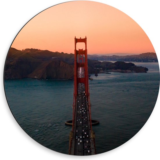 WallClassics - Dibond Muurcirkel - Golden Gate Bridge in Californië - 50x50 cm Foto op Aluminium Muurcirkel (met ophangsysteem)
