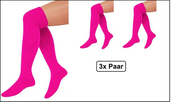3x Paar Lange sokken fluor roze gebreid mt.41-47 - Knie over - Tiroler heren dames kniekousen kousen voetbalsokken festival Oktoberfest voetbal