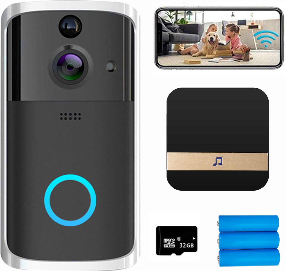 LBP Video deurbel met HD camera en wifi - zwart - draadloos - met gong, 3 oplaadbare batterijen en 32GB geheugenkaart