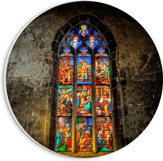 WallClassics - PVC Schuimplaat Muurcirkel - Glas-in-lood Raam in de Notre-Dame Kerk - 20x20 cm Foto op Muurcirkel (met ophangsysteem)