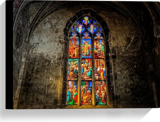 WallClassics - Canvas - Glas-in-lood Raam in de Notre-Dame Kerk - 40x30 cm Foto op Canvas Schilderij (Wanddecoratie op Canvas)