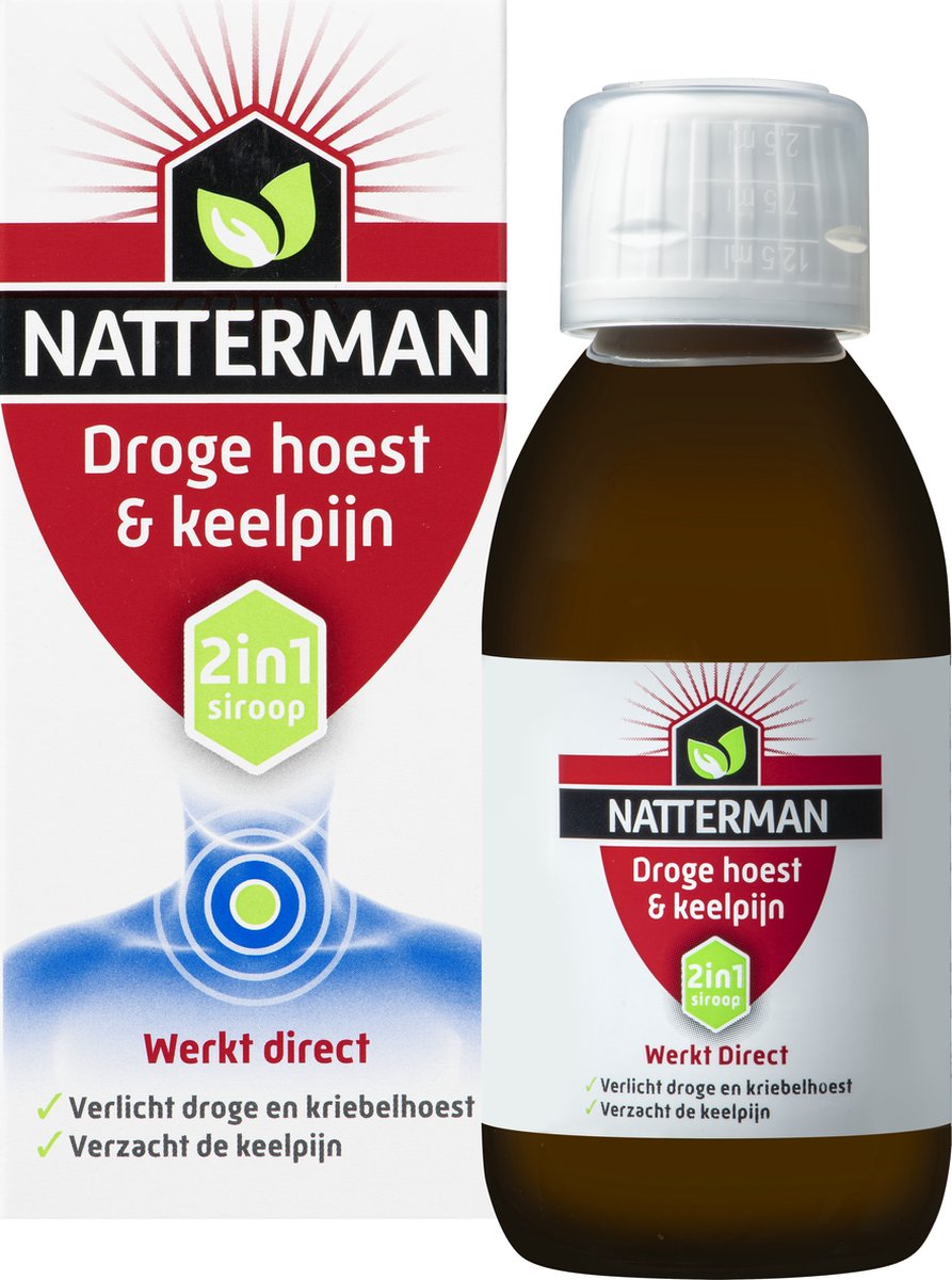 Natterman Droge Hoest & Keelpijn 2-in-1 Siroop - Verlicht droge en kriebelhoest - Verzacht de keelpijn - Hoestdrank - Medisch hulpmiddel - 150 ml - Natterman