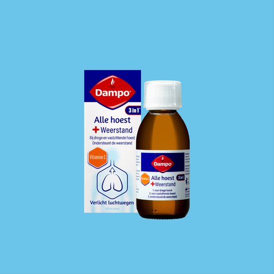 Dampo 3 in 1 Alle hoest + Weerstand - Bij droge en vastzittende hoest - Vitamine C ondersteunt de weerstand - Verlicht luchtwegen - Hoestdrank - Medisch hulpmiddel - 150 ml - Dampo