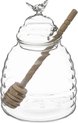 IGOODS - 3 delig set honingpot - met honinglepel en deksel van glas - glazen potje voor het serveren van esdoornsiroop - glazen deksel met decoratie bijtje en uitsparing voor spiraallepel - honingglas 500 ml