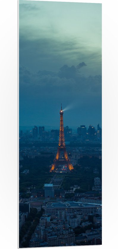 WallClassics - PVC Schuimplaat - De Stad Parijs en de Eiffeltoren in de Nacht - 40x120 cm Foto op PVC Schuimplaat (Met Ophangsysteem)