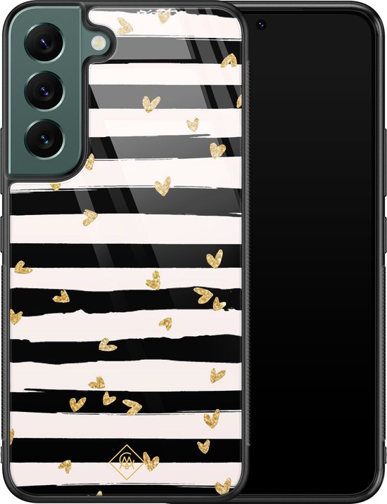 Coque Samsung Galaxy S22 Plus en verre - Rayures coeur - Zwart - Coque rigide Zwart - Coque arrière pour téléphone - Rayé - Casimoda