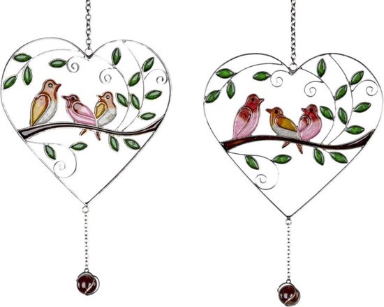 Raamhanger Tiffany Stijl Vogels op tak in hart gekleurd 1 Willekeurige raamhanger 28x47 cm