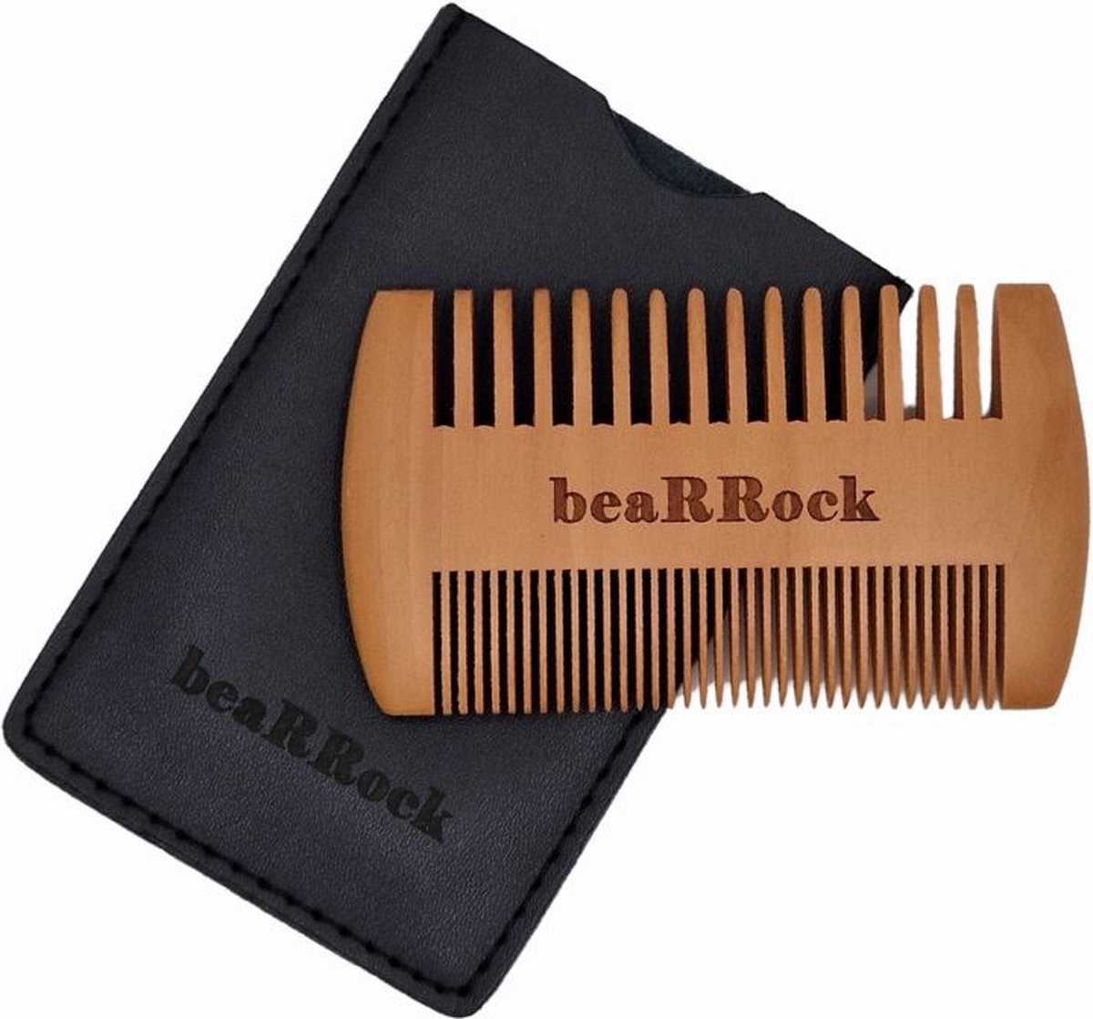 beaRRock - Baardkam hout - dubbelzijdige baardkam - Beard comb - Leren hoesje - Duurzame Mahonie hout
